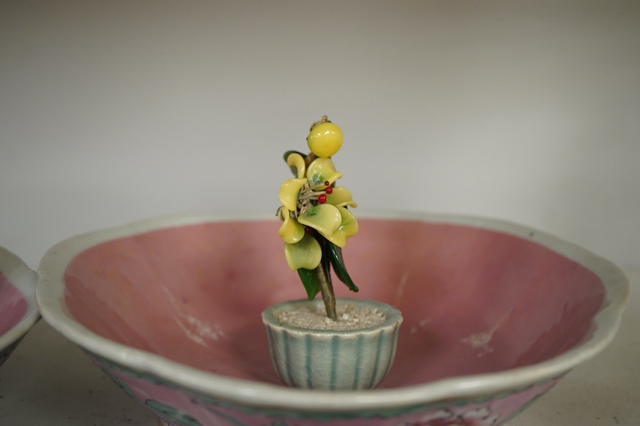 Three Chinese dishes, a famille rose stem cup, two hardstone threes and a soapstone dish